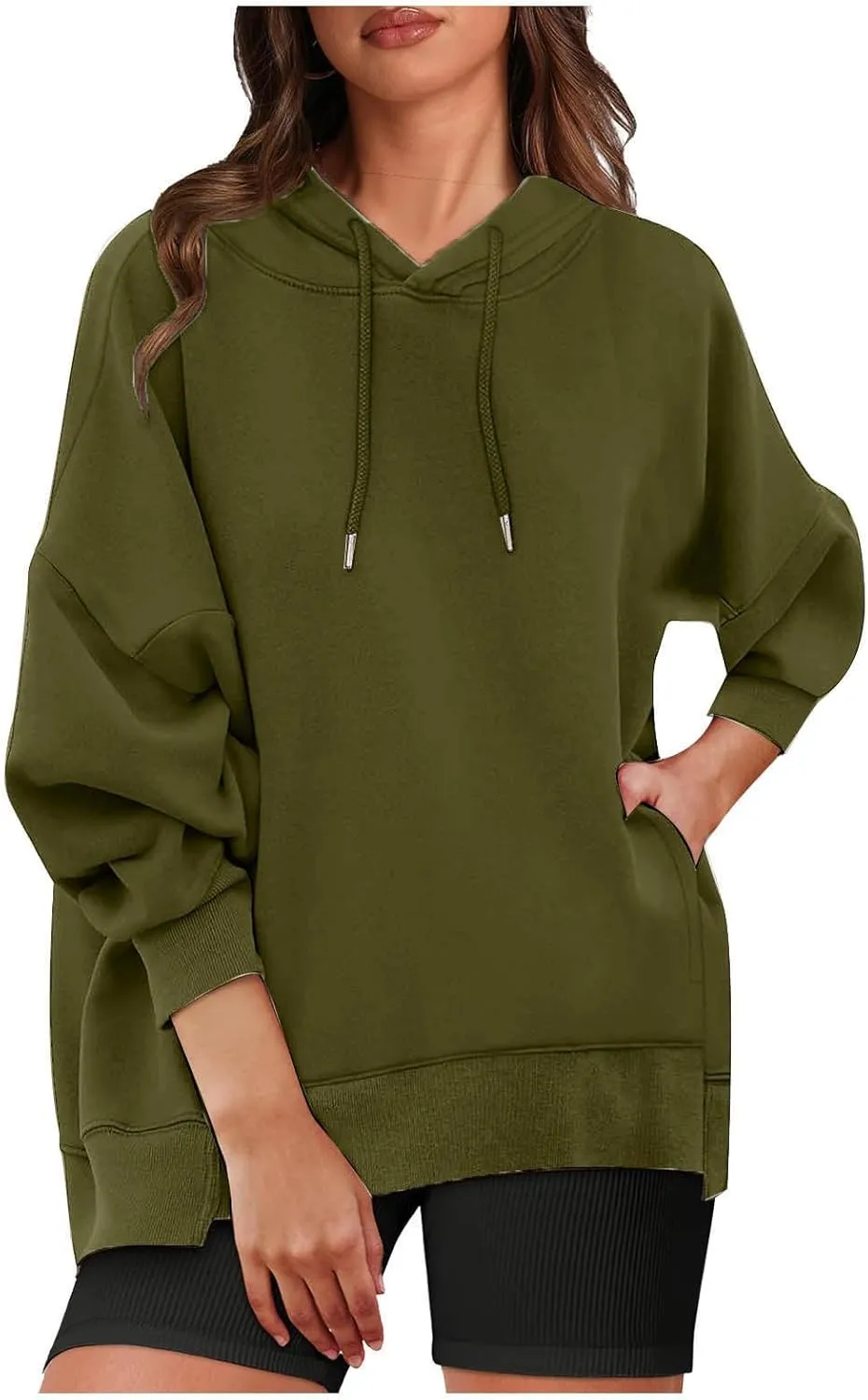 Womens Oversized Hoodie Sweatshirt Solid Color Drawstring Pullover Tops Casual Loose Fleece Comfy Sweater Blouses