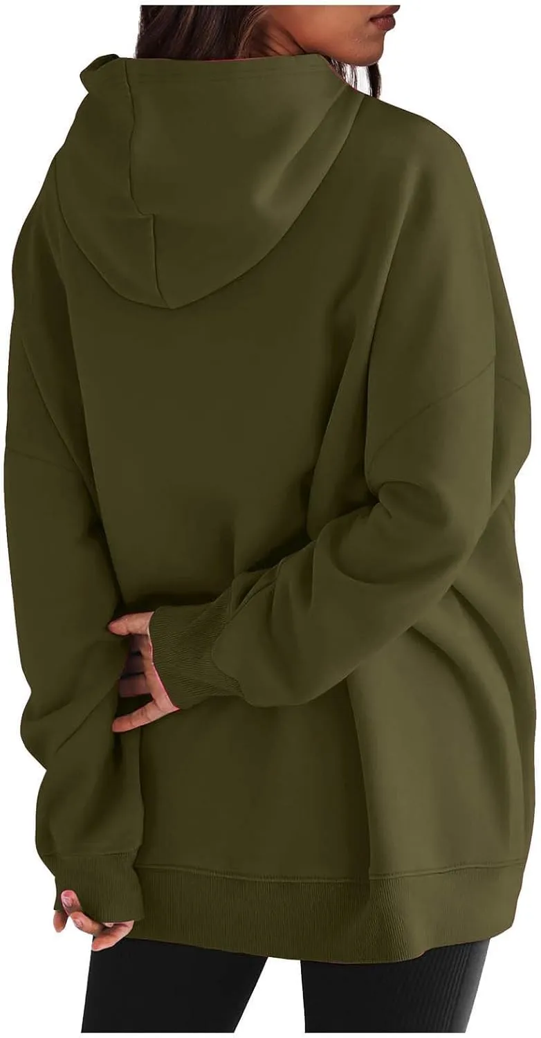 Womens Oversized Hoodie Sweatshirt Solid Color Drawstring Pullover Tops Casual Loose Fleece Comfy Sweater Blouses