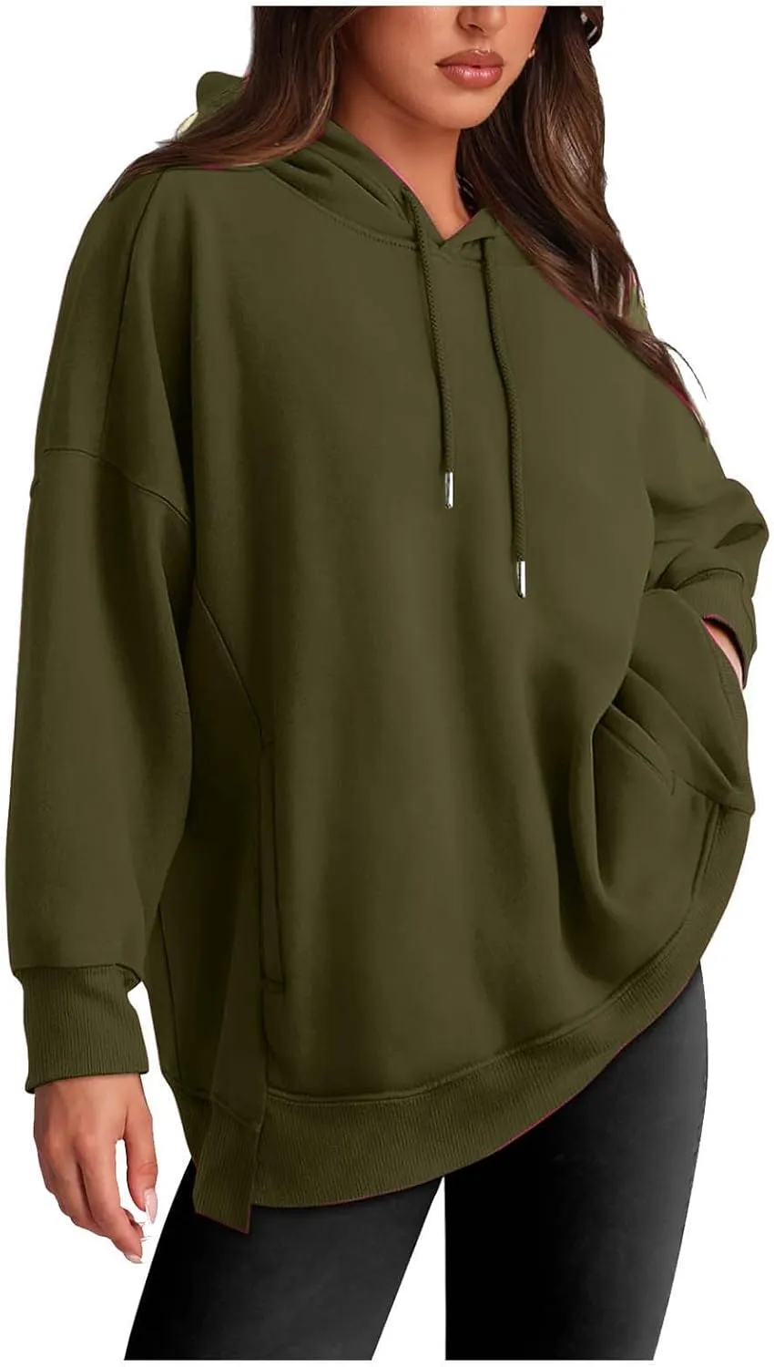 Womens Oversized Hoodie Sweatshirt Solid Color Drawstring Pullover Tops Casual Loose Fleece Comfy Sweater Blouses