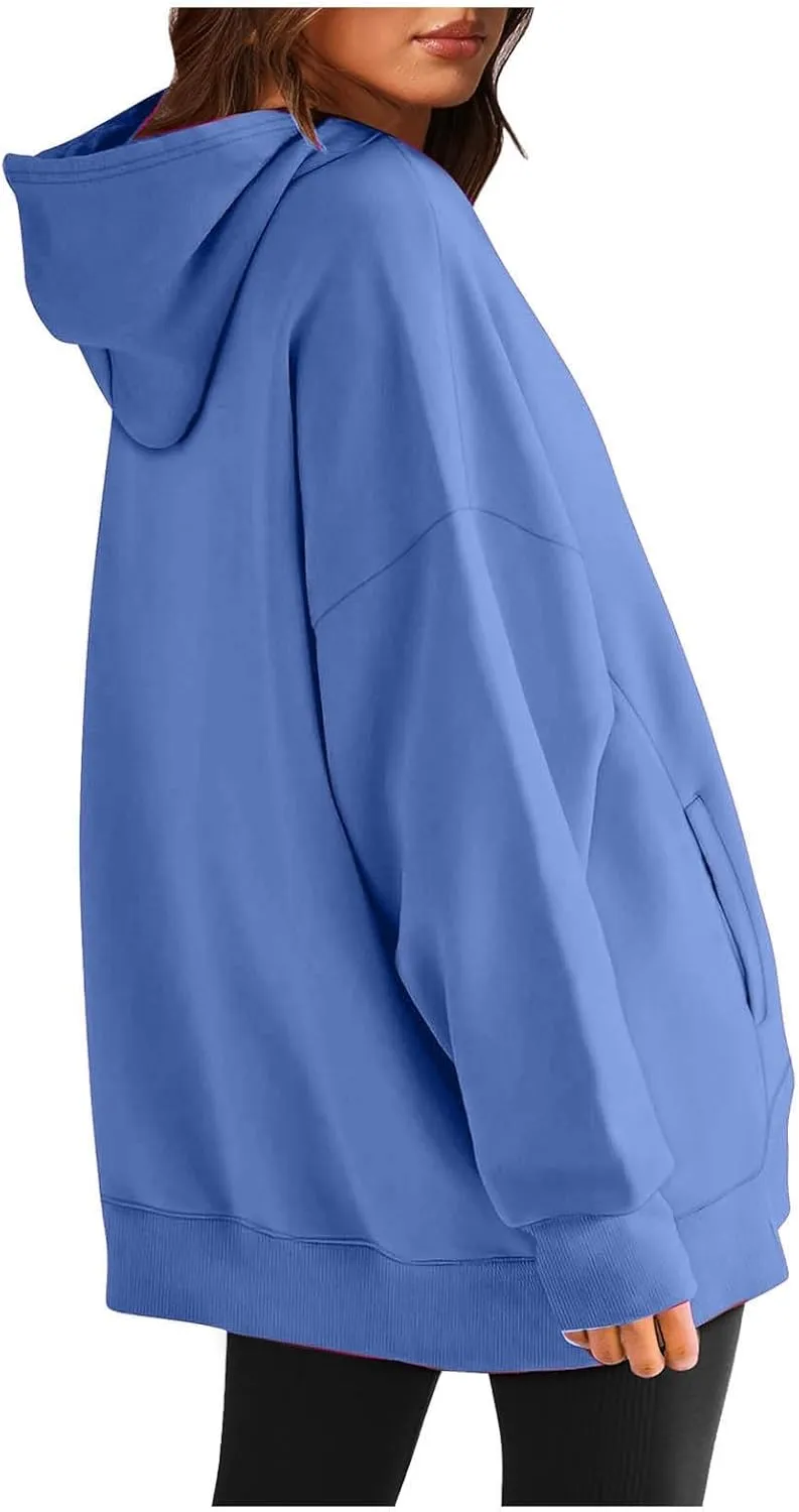 Womens Oversized Hoodie Sweatshirt Solid Color Drawstring Pullover Tops Casual Loose Fleece Comfy Sweater Blouses
