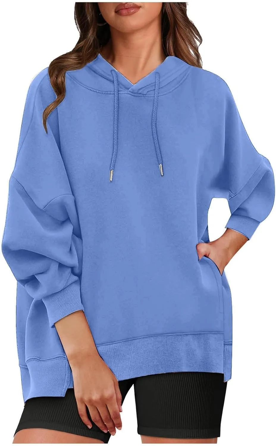 Womens Oversized Hoodie Sweatshirt Solid Color Drawstring Pullover Tops Casual Loose Fleece Comfy Sweater Blouses