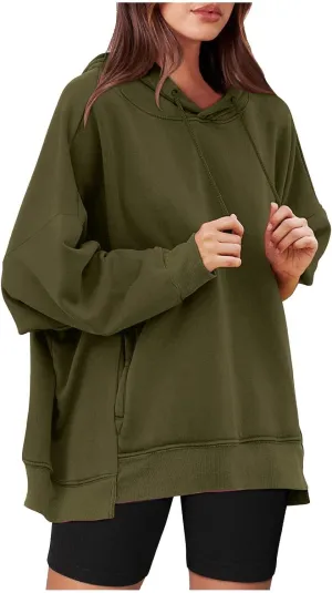 Womens Oversized Hoodie Sweatshirt Solid Color Drawstring Pullover Tops Casual Loose Fleece Comfy Sweater Blouses