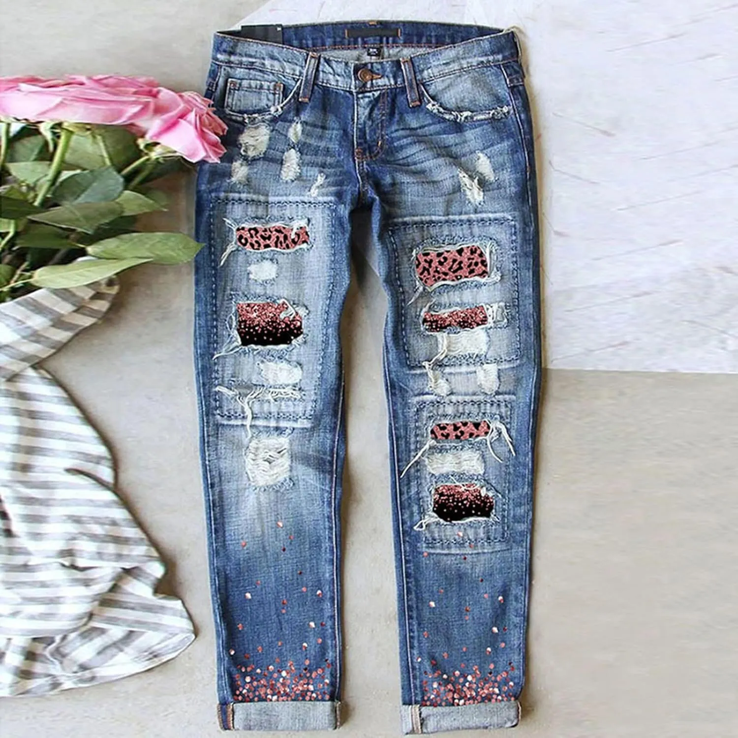 Womens Plaid Patch Ripped Boyfriend Jeans Distressed Stretch Skinny Denim Jeans with Hole,2024 Spring Fashion Pants