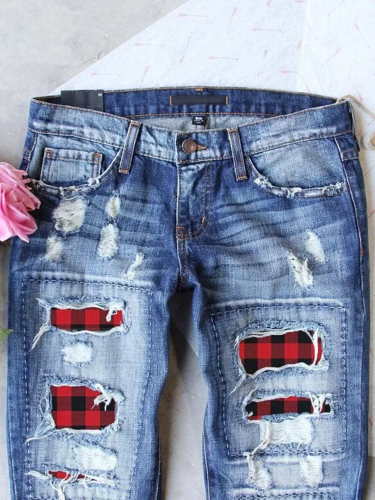 Womens Plaid Patch Ripped Boyfriend Jeans Distressed Stretch Skinny Denim Jeans with Hole,2024 Spring Fashion Pants