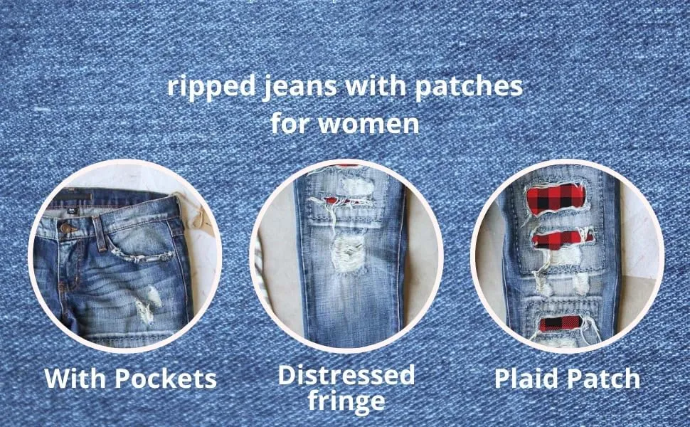 Womens Plaid Patch Ripped Boyfriend Jeans Distressed Stretch Skinny Denim Jeans with Hole,2024 Spring Fashion Pants