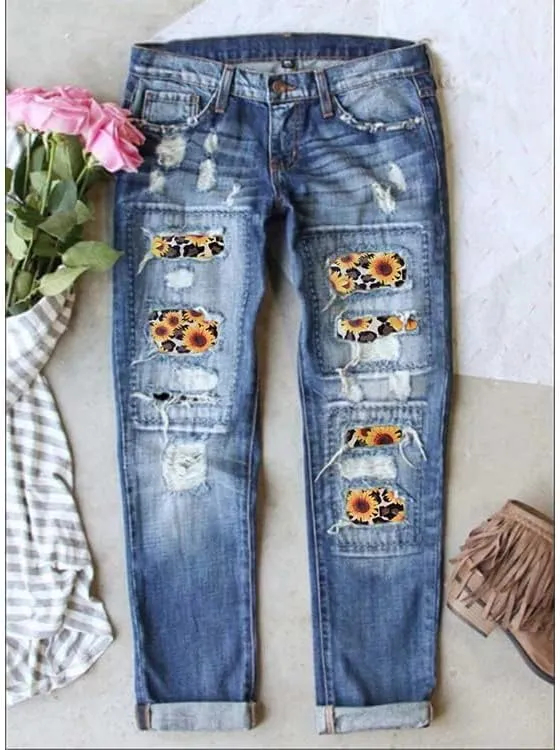 Womens Plaid Patch Ripped Boyfriend Jeans Distressed Stretch Skinny Denim Jeans with Hole,2024 Spring Fashion Pants