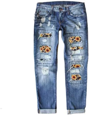 Womens Plaid Patch Ripped Boyfriend Jeans Distressed Stretch Skinny Denim Jeans with Hole,2024 Spring Fashion Pants