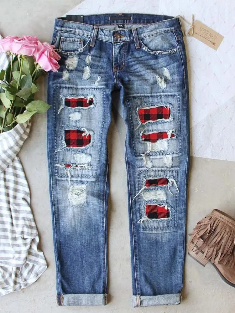 Womens Plaid Patch Ripped Boyfriend Jeans Distressed Stretch Skinny Denim Jeans with Hole,2024 Spring Fashion Pants