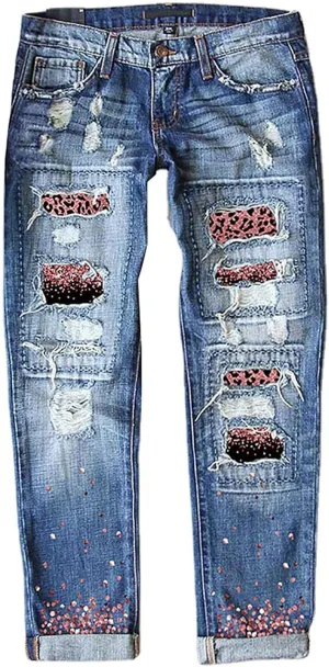 Womens Plaid Patch Ripped Boyfriend Jeans Distressed Stretch Skinny Denim Jeans with Hole,2024 Spring Fashion Pants