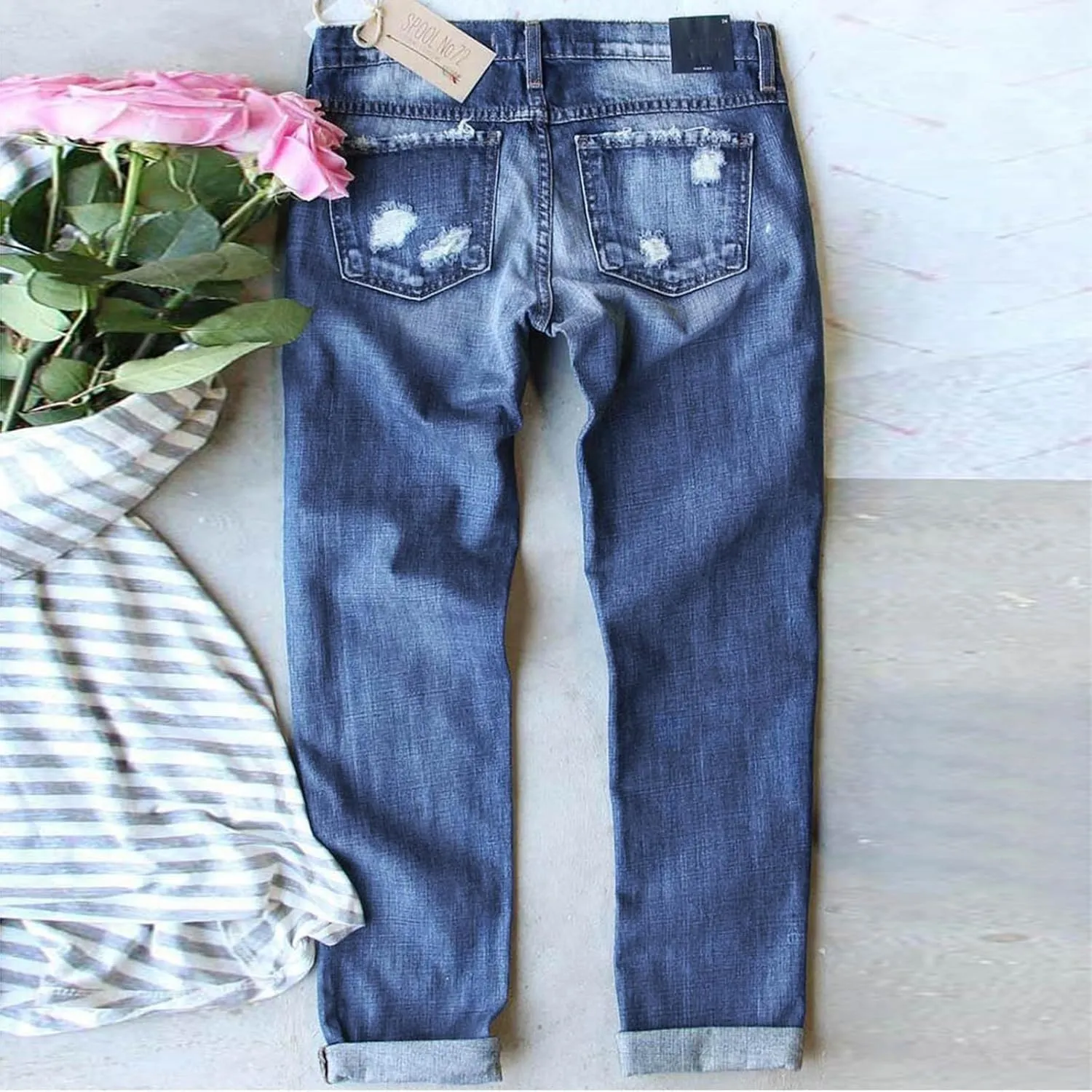 Womens Plaid Patch Ripped Boyfriend Jeans Distressed Stretch Skinny Denim Jeans with Hole,2024 Spring Fashion Pants