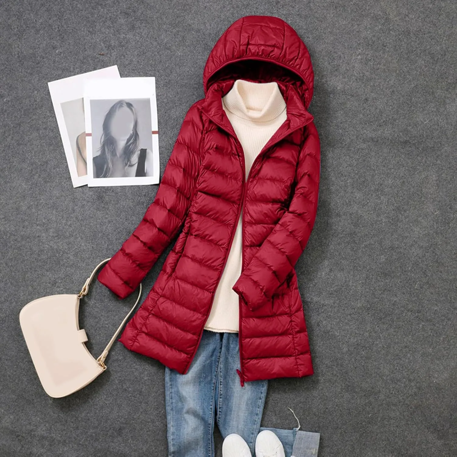 Womens Puffer Coat Lightweight Long Down Jacket Winter Warm Packable Hooded Jacket Short Duck Down Coat Outwear