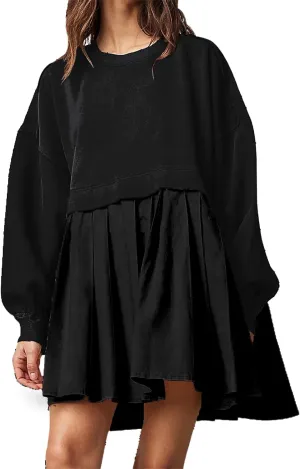 Women's Pullover Sweatshirt Dress Long Sleeve Loose Flowy Pleated 2024 Fall Mini Dress Tops