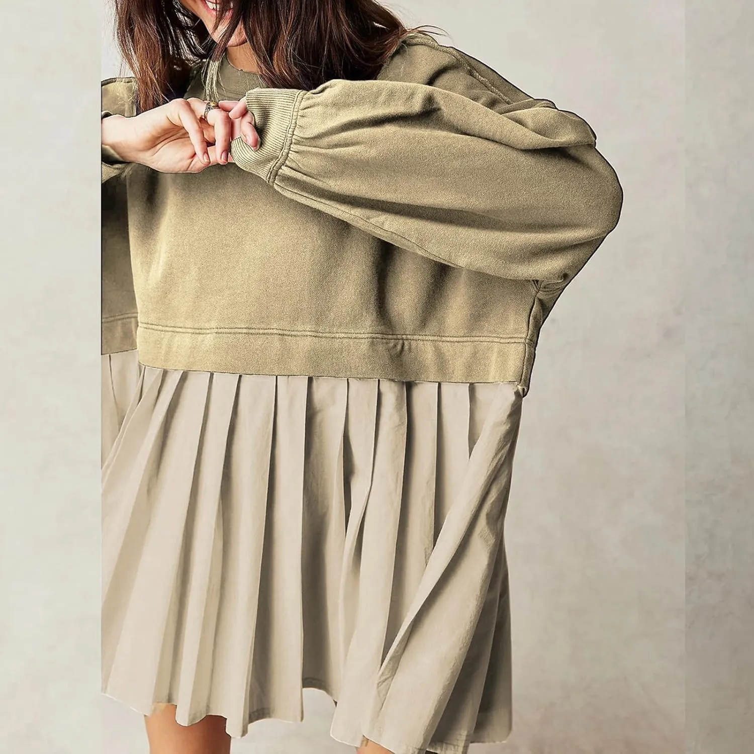 Women's Pullover Sweatshirt Dress Long Sleeve Loose Flowy Pleated 2024 Fall Mini Dress Tops