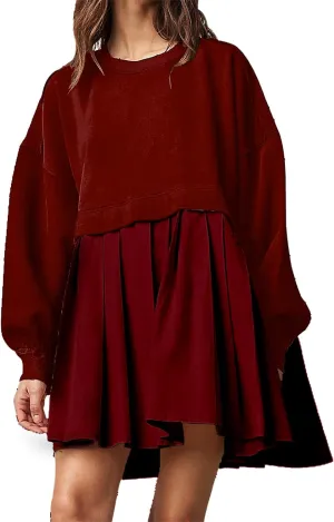 Women's Pullover Sweatshirt Dress Long Sleeve Loose Flowy Pleated 2024 Fall Mini Dress Tops