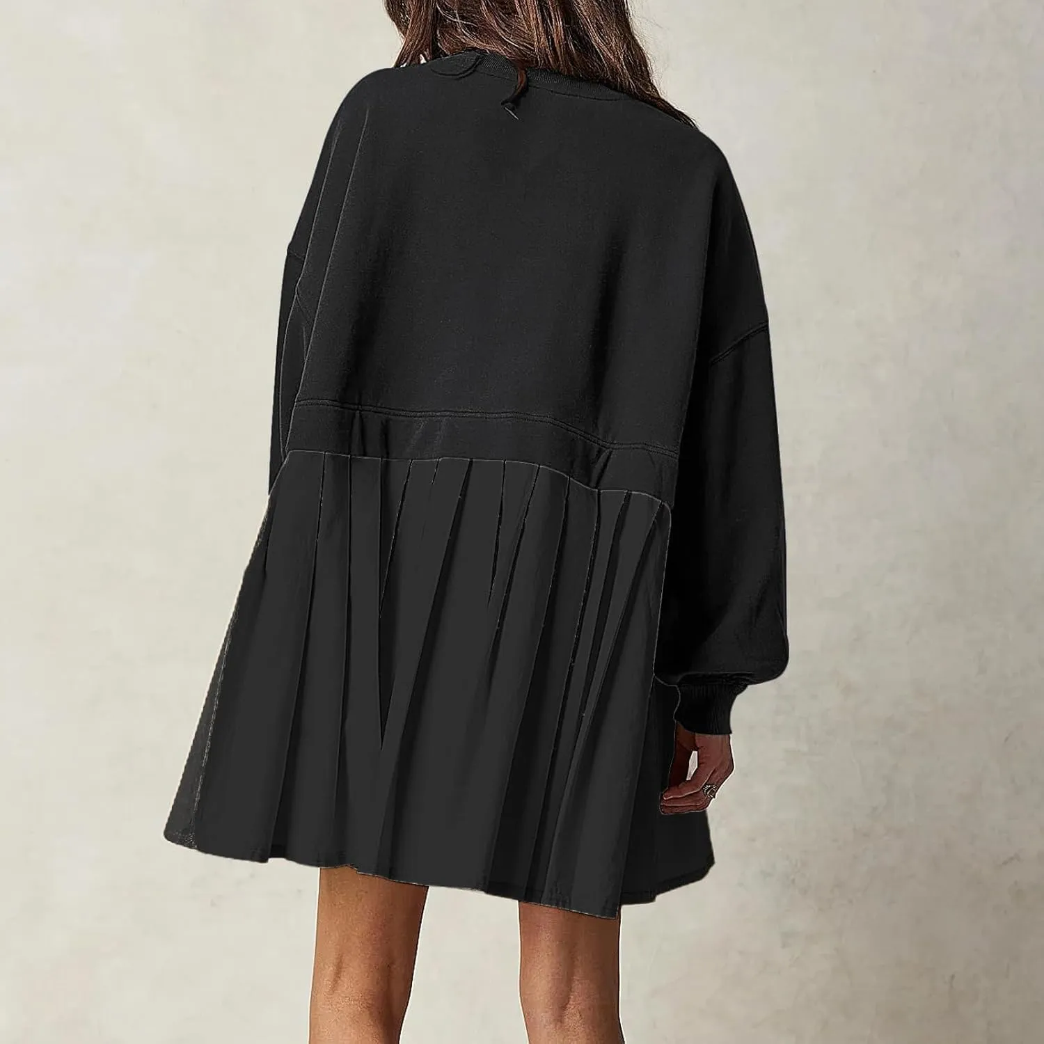 Women's Pullover Sweatshirt Dress Long Sleeve Loose Flowy Pleated 2024 Fall Mini Dress Tops