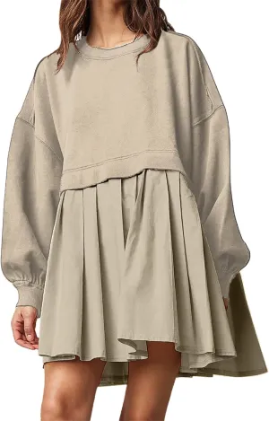 Women's Pullover Sweatshirt Dress Long Sleeve Loose Flowy Pleated 2024 Fall Mini Dress Tops