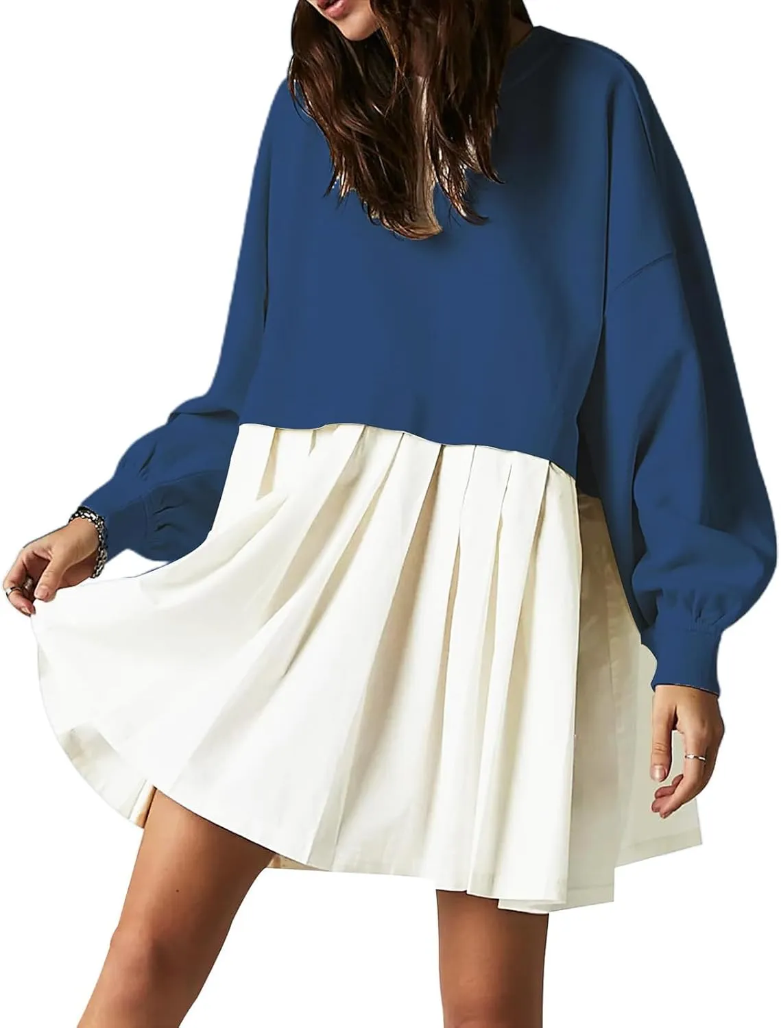 Women's Pullover Sweatshirt Dress Long Sleeve Loose Flowy Pleated 2024 Fall Mini Dress Tops