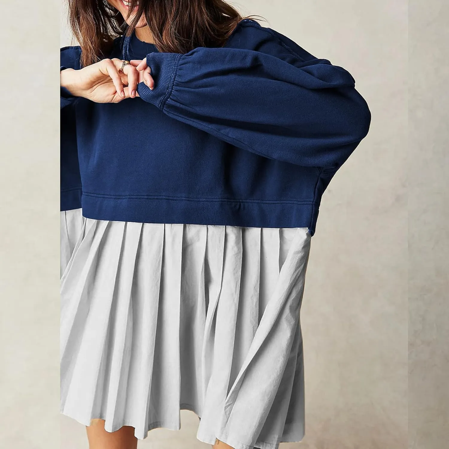 Women's Pullover Sweatshirt Dress Long Sleeve Loose Flowy Pleated 2024 Fall Mini Dress Tops