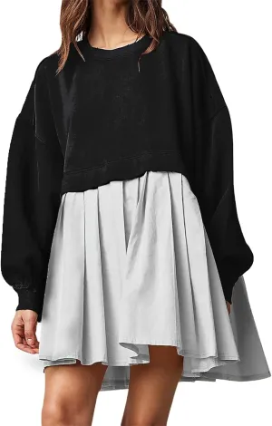 Women's Pullover Sweatshirt Dress Long Sleeve Loose Flowy Pleated 2024 Fall Mini Dress Tops