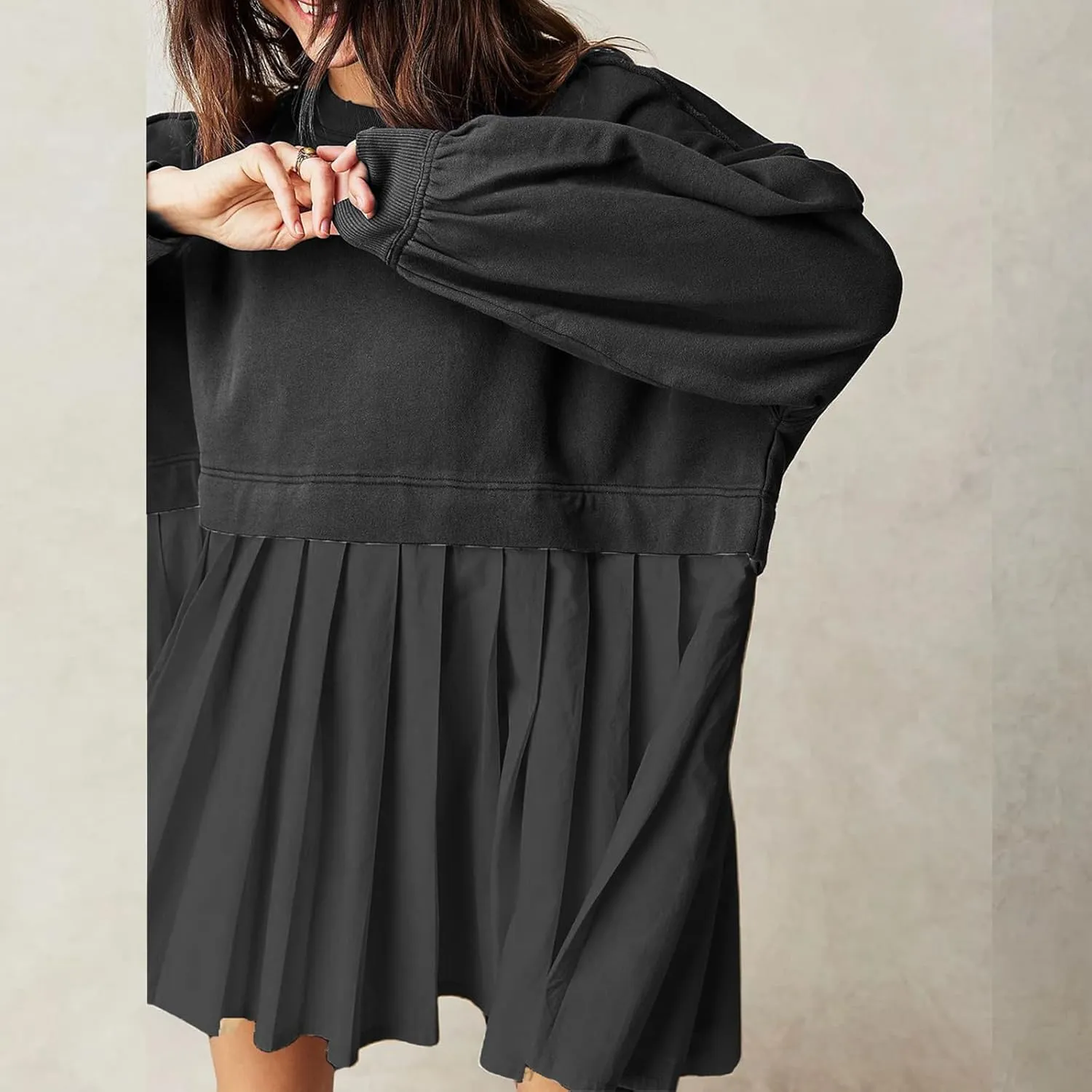 Women's Pullover Sweatshirt Dress Long Sleeve Loose Flowy Pleated 2024 Fall Mini Dress Tops