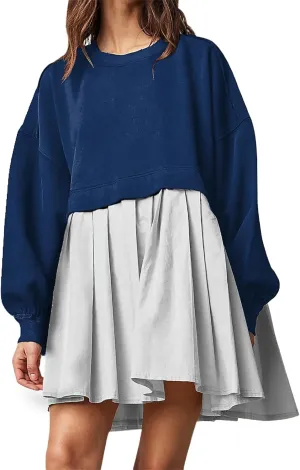 Women's Pullover Sweatshirt Dress Long Sleeve Loose Flowy Pleated 2024 Fall Mini Dress Tops