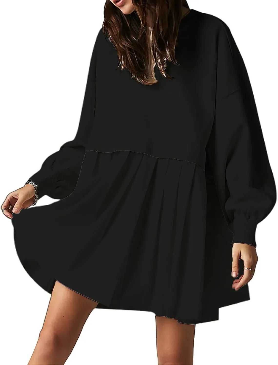 Women's Pullover Sweatshirt Dress Long Sleeve Loose Flowy Pleated 2024 Fall Mini Dress Tops