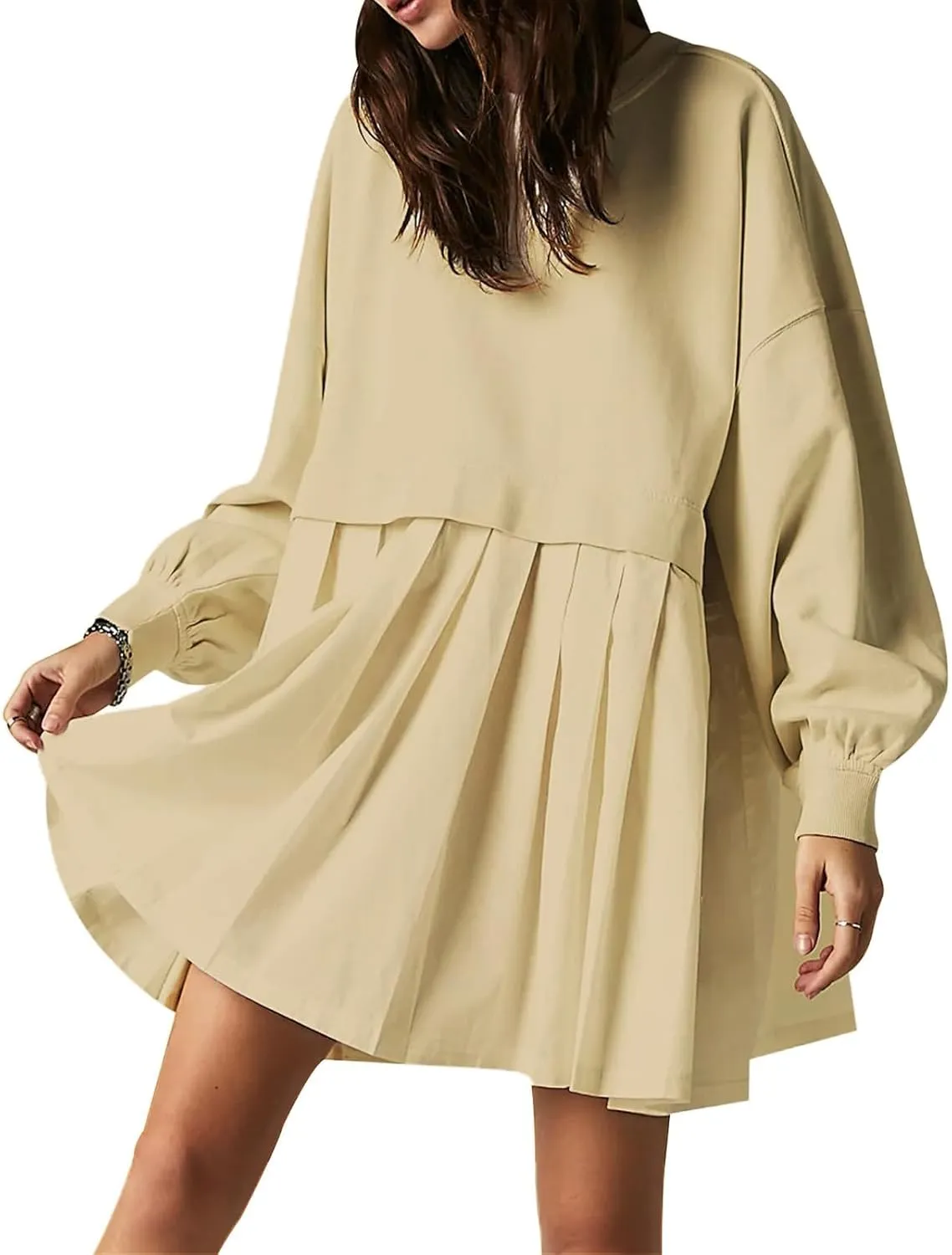 Women's Pullover Sweatshirt Dress Long Sleeve Loose Flowy Pleated 2024 Fall Mini Dress Tops