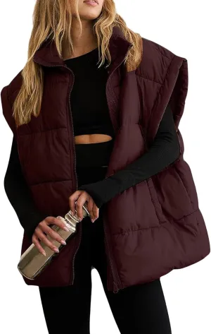 Womens Quilted Puffer Vest Sleeveless Zip up Jacket Stand Collar Padded Gilet Coat with Pockets