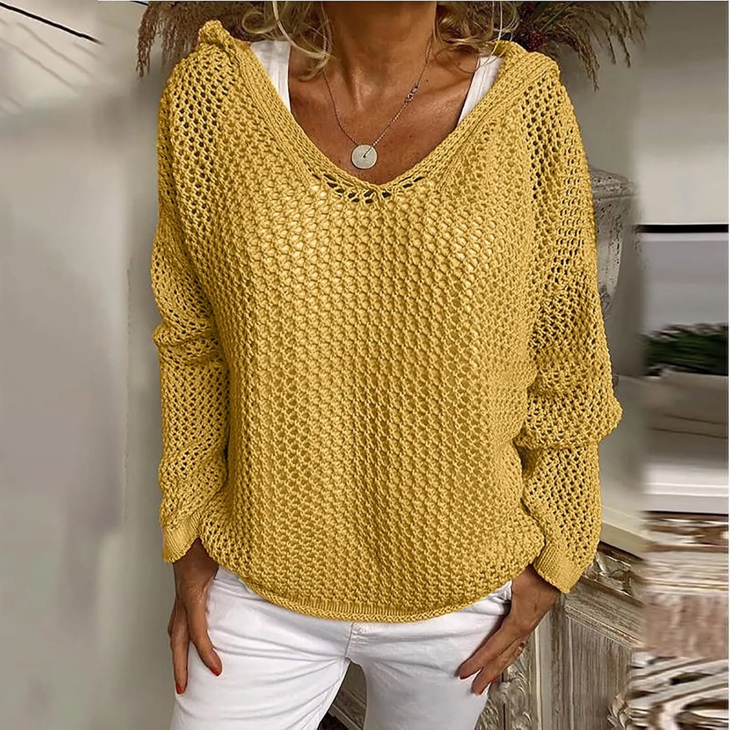 Womens See Through Sweaters Fashion Hollow Out Mesh Hoodies Lightweight Breathable Long Sleeve Crewneck Pullover Tops
