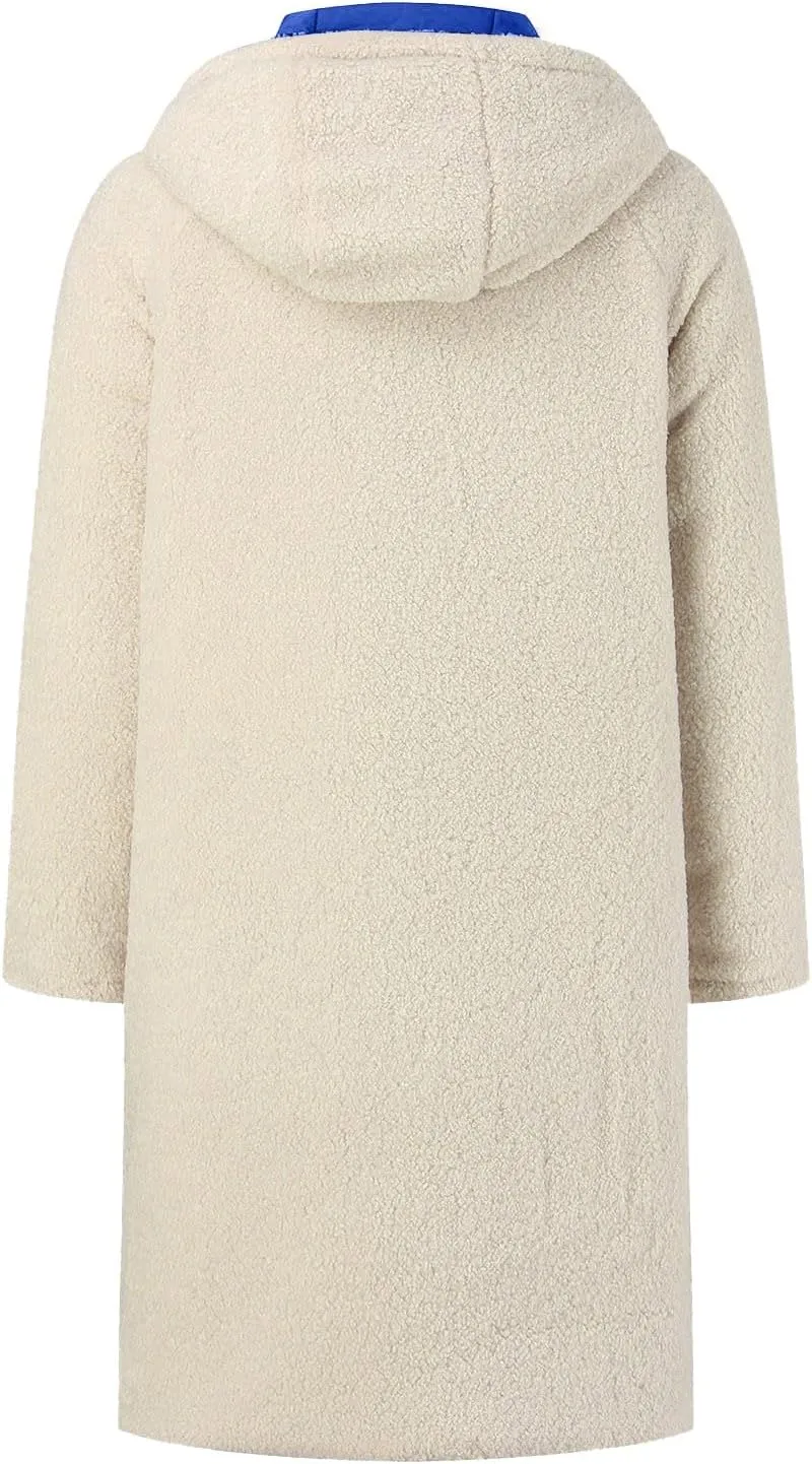 Womens Sherpa Fleece Lined Long Jackets Trendy Reversible Puffer Coat Winter Puffer Coats Hood Zip Outerwears