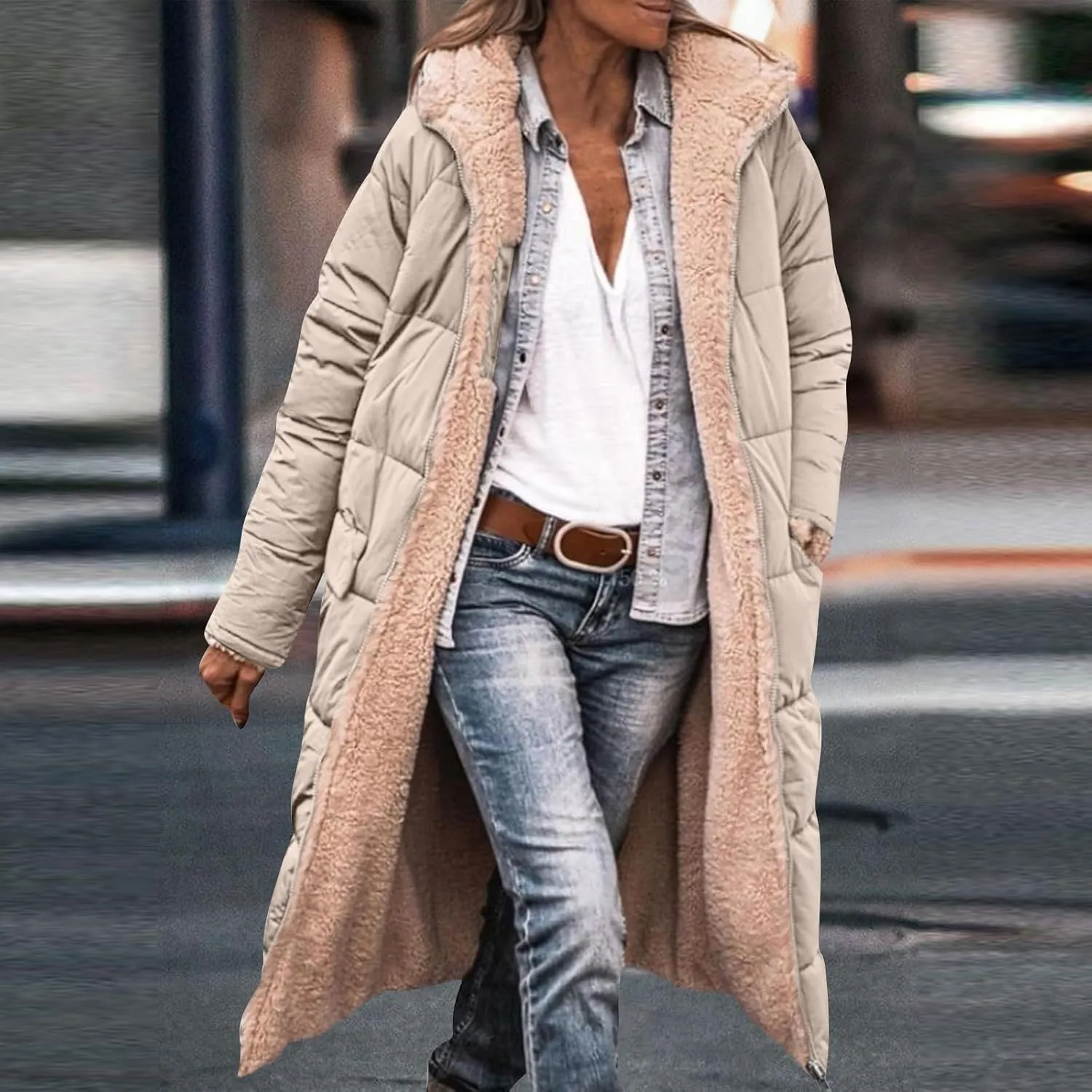Womens Sherpa Fleece Lined Long Jackets Trendy Reversible Puffer Coat Winter Puffer Coats Hood Zip Outerwears