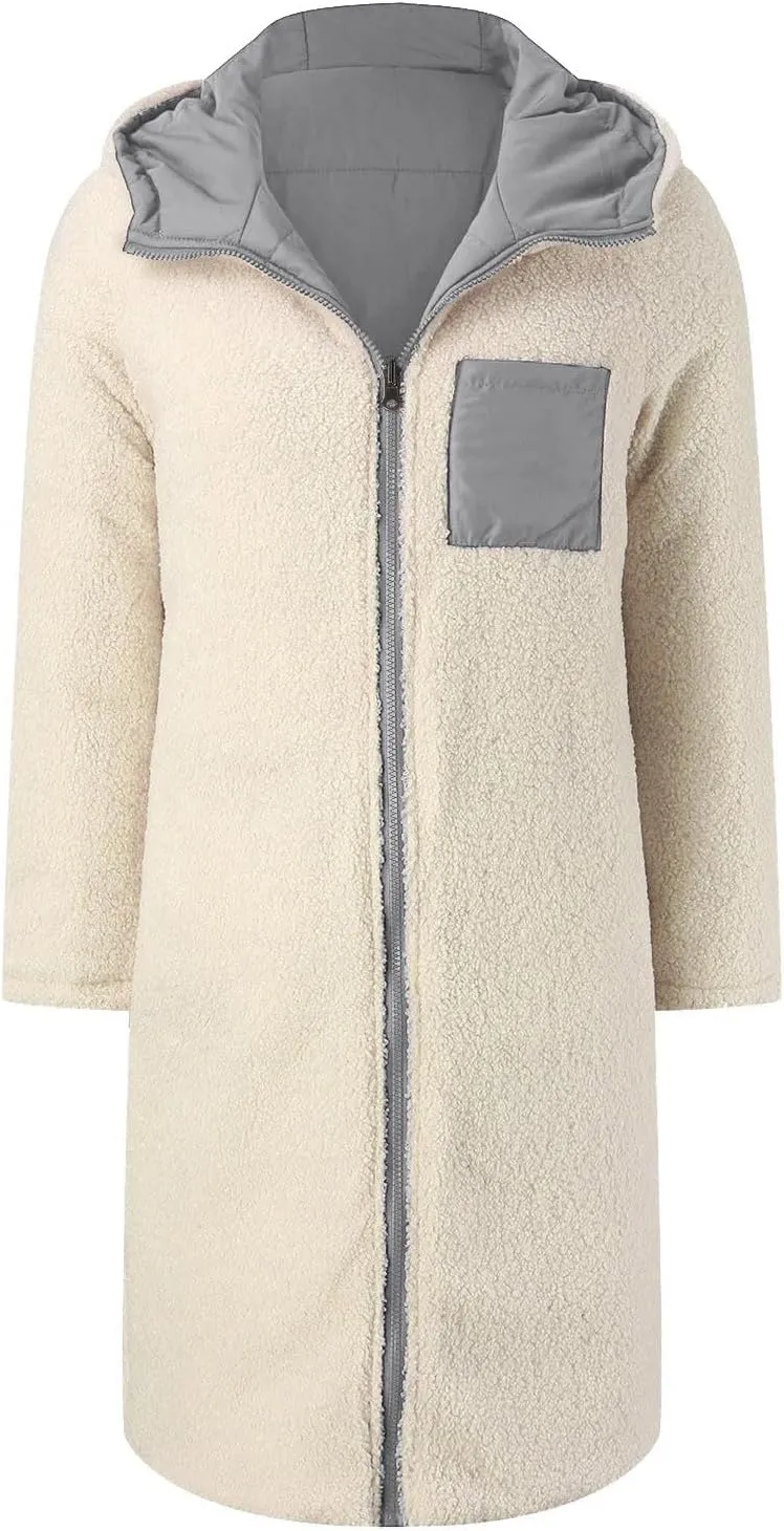 Womens Sherpa Fleece Lined Long Jackets Trendy Reversible Puffer Coat Winter Puffer Coats Hood Zip Outerwears