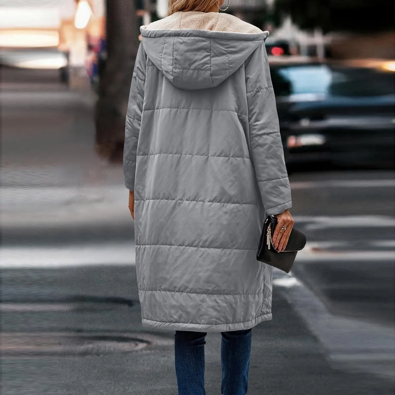 Womens Sherpa Fleece Lined Long Jackets Trendy Reversible Puffer Coat Winter Puffer Coats Hood Zip Outerwears