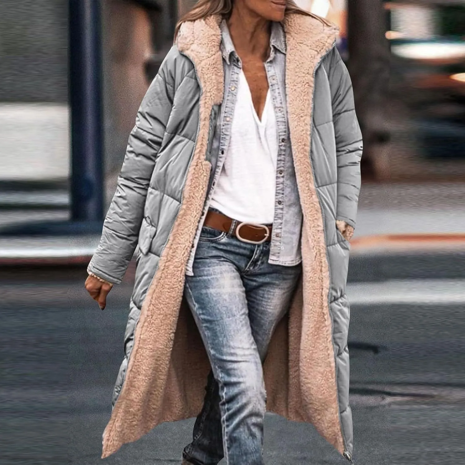 Womens Sherpa Fleece Lined Long Jackets Trendy Reversible Puffer Coat Winter Puffer Coats Hood Zip Outerwears