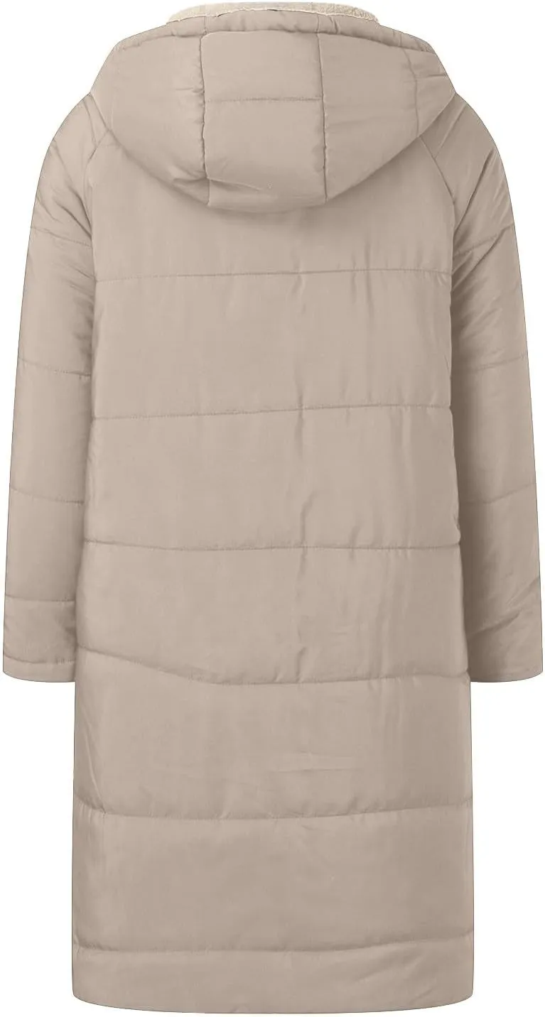 Womens Sherpa Fleece Lined Long Jackets Trendy Reversible Puffer Coat Winter Puffer Coats Hood Zip Outerwears