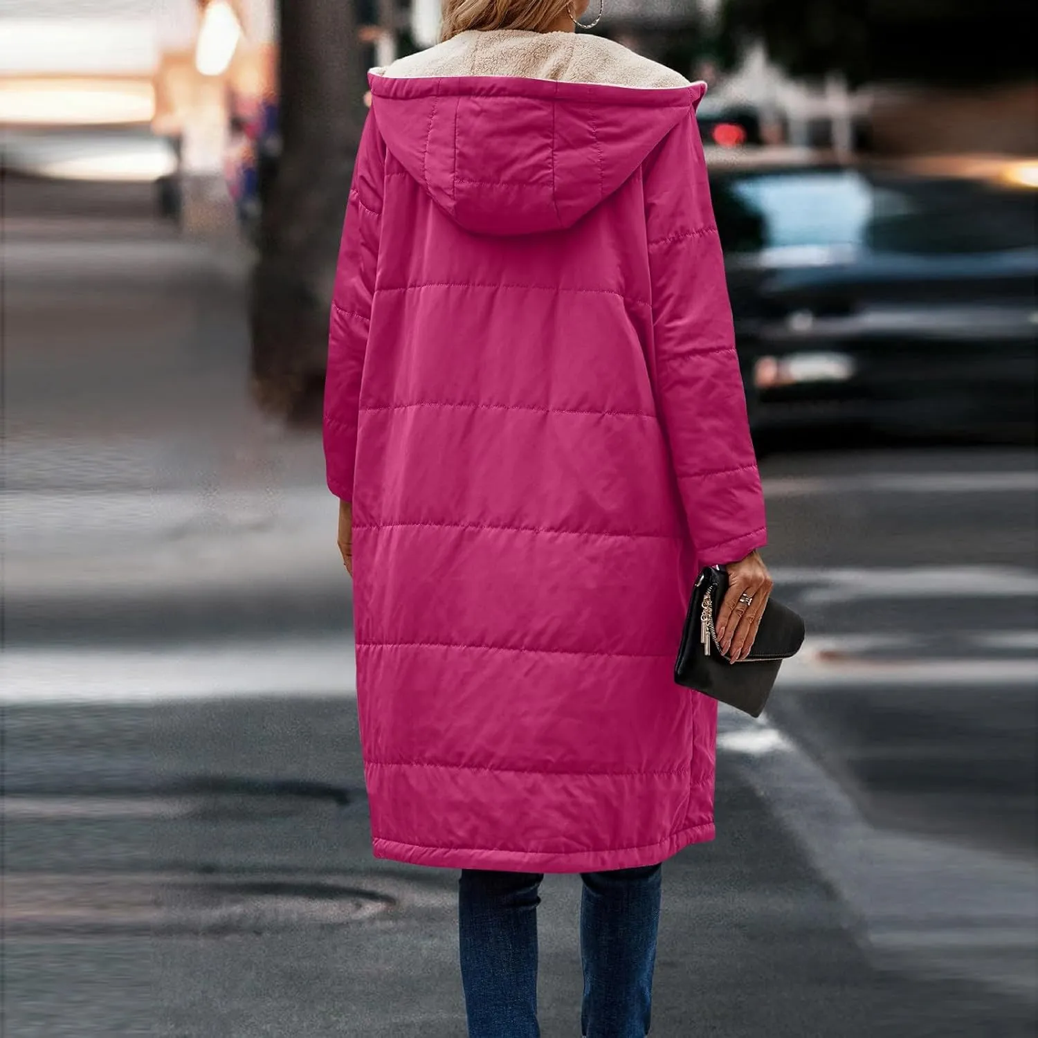 Womens Sherpa Fleece Lined Long Jackets Trendy Reversible Puffer Coat Winter Puffer Coats Hood Zip Outerwears