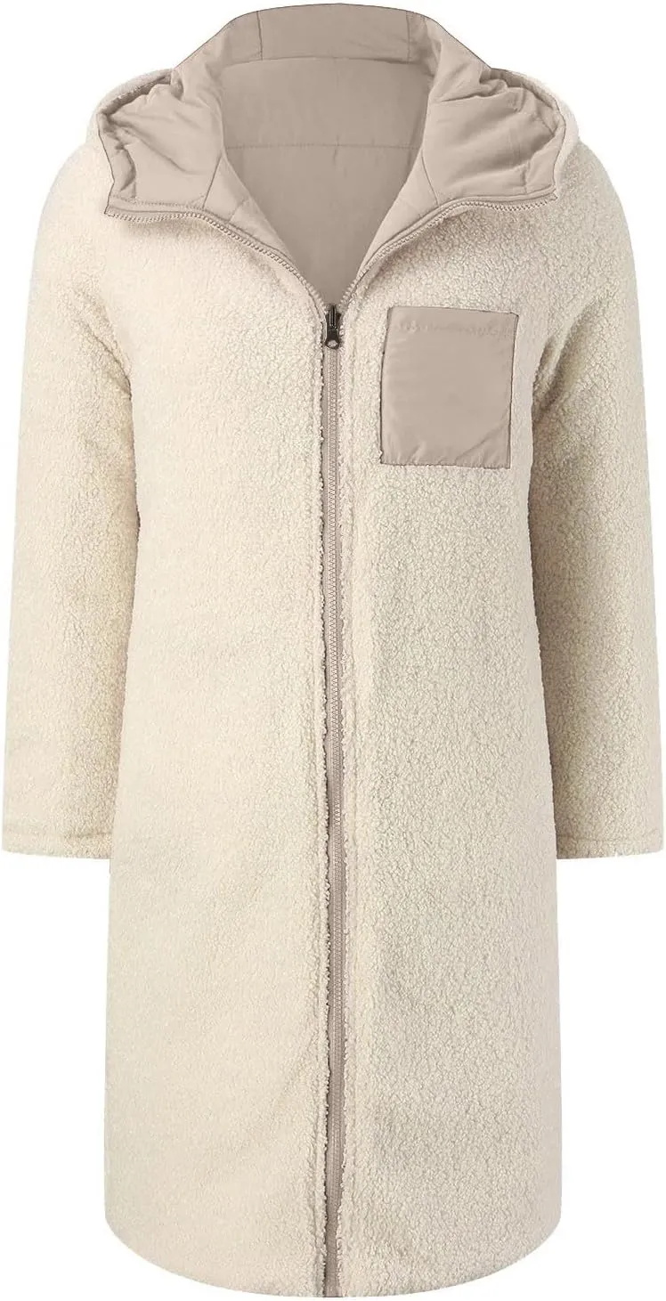 Womens Sherpa Fleece Lined Long Jackets Trendy Reversible Puffer Coat Winter Puffer Coats Hood Zip Outerwears