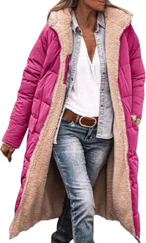 Womens Sherpa Fleece Lined Long Jackets Trendy Reversible Puffer Coat Winter Puffer Coats Hood Zip Outerwears