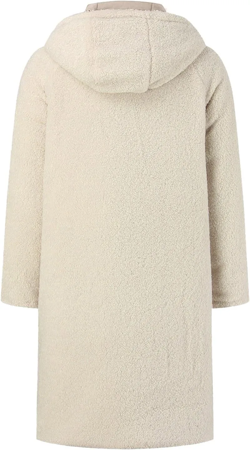 Womens Sherpa Fleece Lined Long Jackets Trendy Reversible Puffer Coat Winter Puffer Coats Hood Zip Outerwears