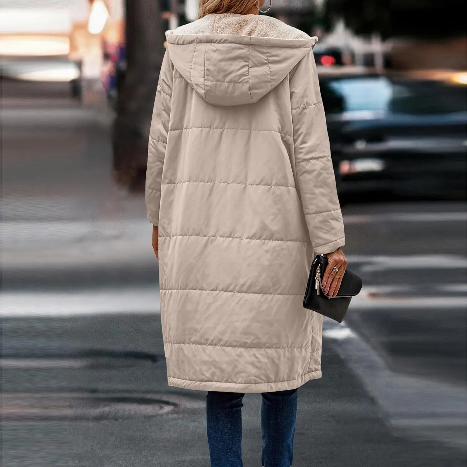 Womens Sherpa Fleece Lined Long Jackets Trendy Reversible Puffer Coat Winter Puffer Coats Hood Zip Outerwears