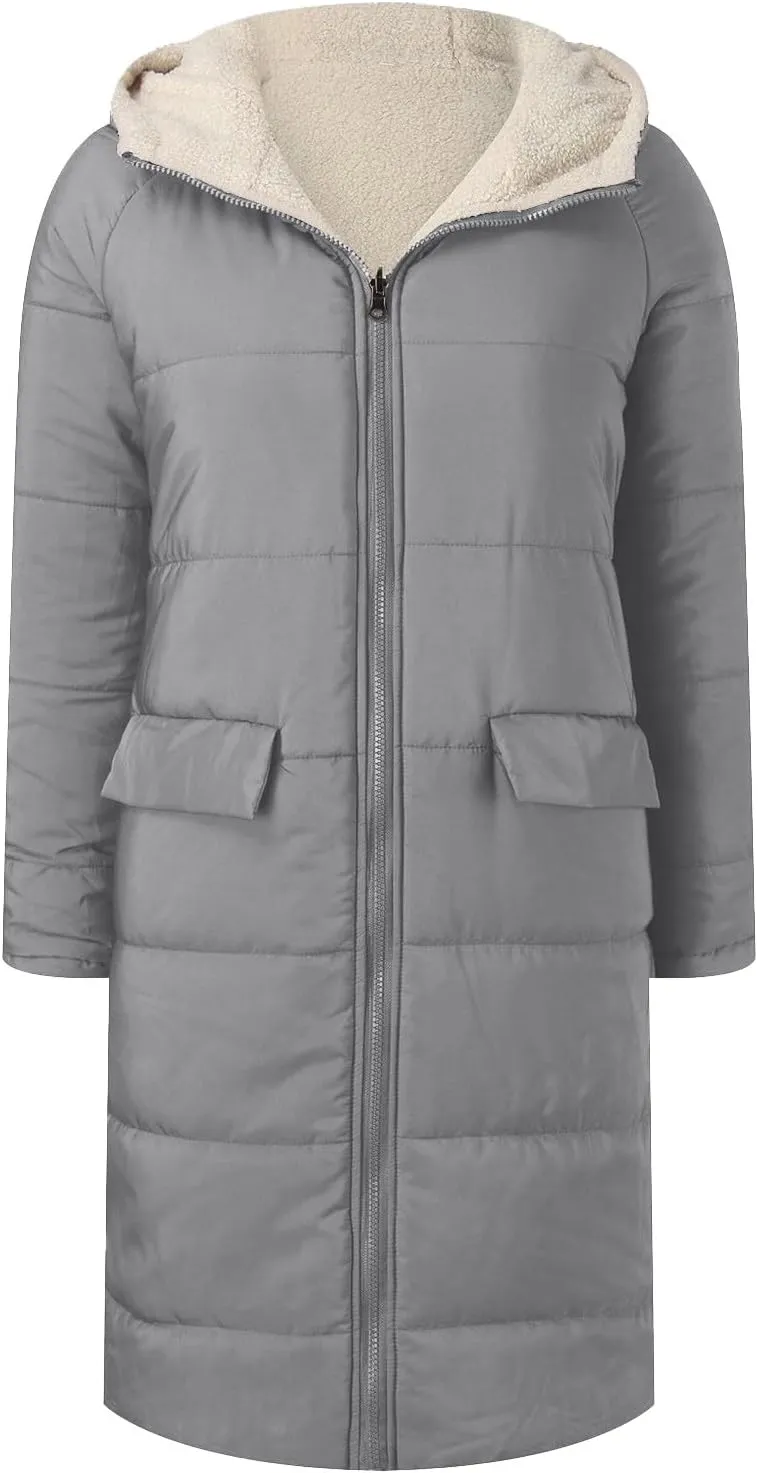 Womens Sherpa Fleece Lined Long Jackets Trendy Reversible Puffer Coat Winter Puffer Coats Hood Zip Outerwears