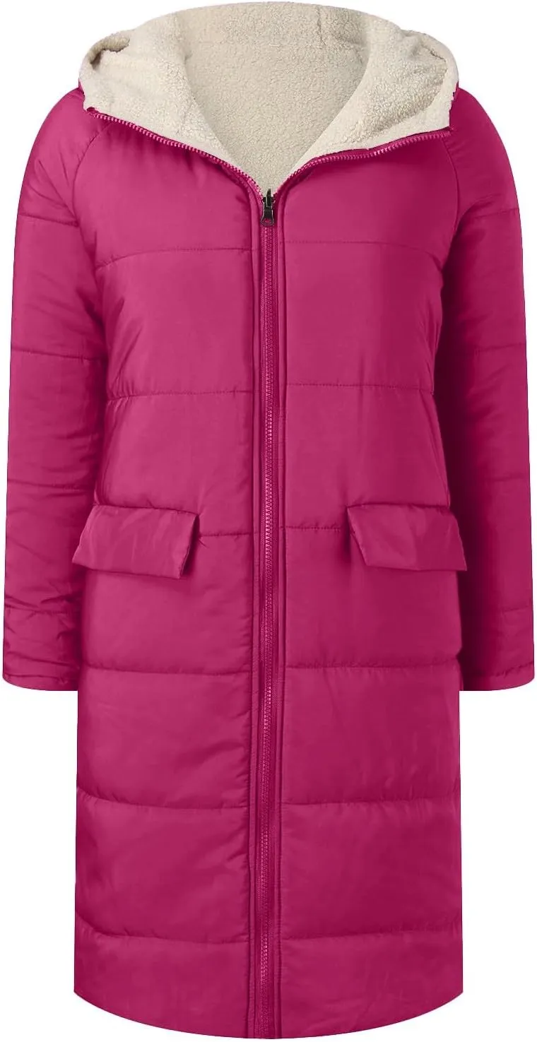 Womens Sherpa Fleece Lined Long Jackets Trendy Reversible Puffer Coat Winter Puffer Coats Hood Zip Outerwears