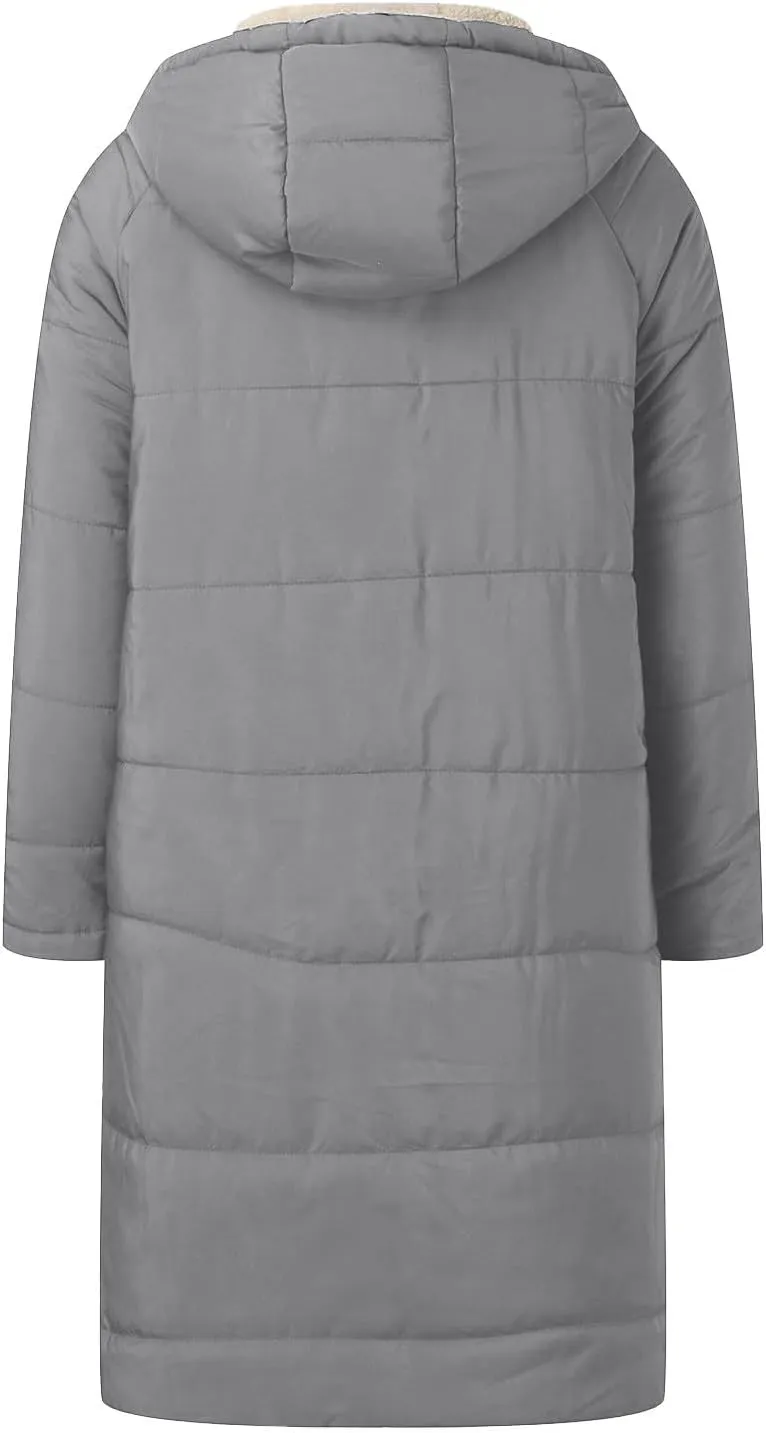 Womens Sherpa Fleece Lined Long Jackets Trendy Reversible Puffer Coat Winter Puffer Coats Hood Zip Outerwears