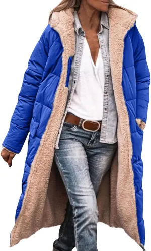 Womens Sherpa Fleece Lined Long Jackets Trendy Reversible Puffer Coat Winter Puffer Coats Hood Zip Outerwears
