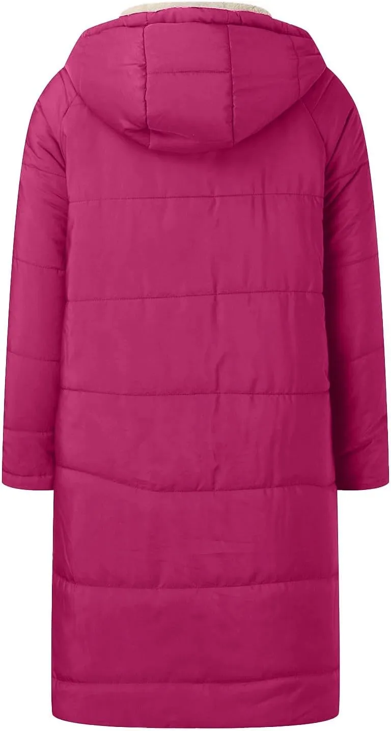Womens Sherpa Fleece Lined Long Jackets Trendy Reversible Puffer Coat Winter Puffer Coats Hood Zip Outerwears