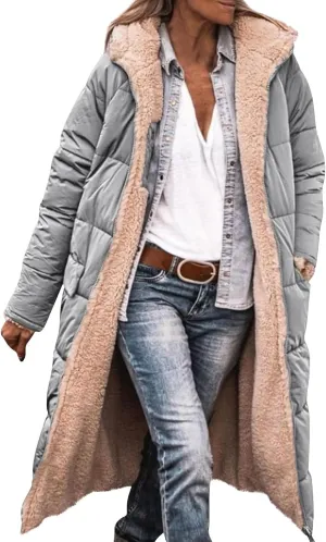 Womens Sherpa Fleece Lined Long Jackets Trendy Reversible Puffer Coat Winter Puffer Coats Hood Zip Outerwears