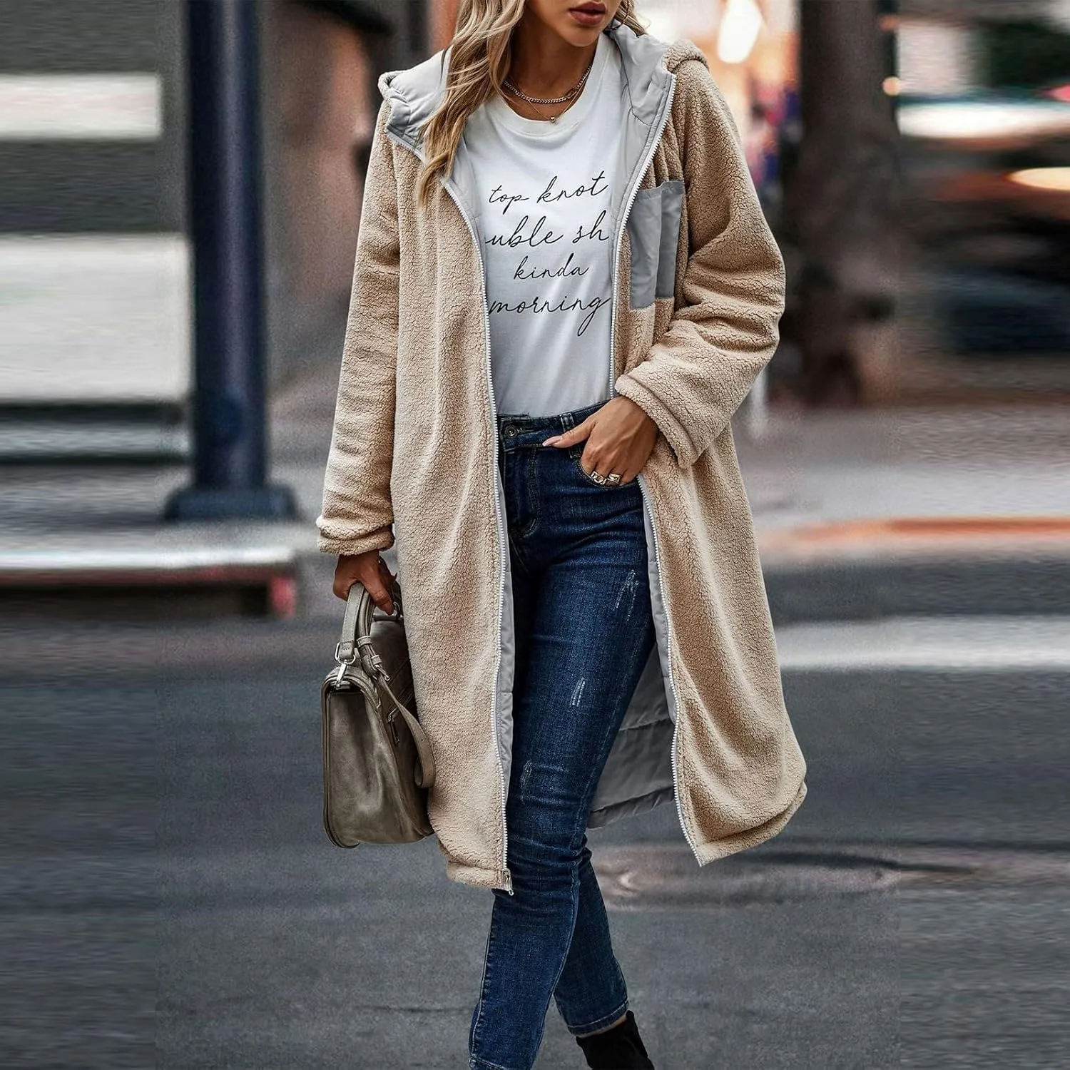 Womens Sherpa Fleece Lined Long Jackets Trendy Reversible Puffer Coat Winter Puffer Coats Hood Zip Outerwears