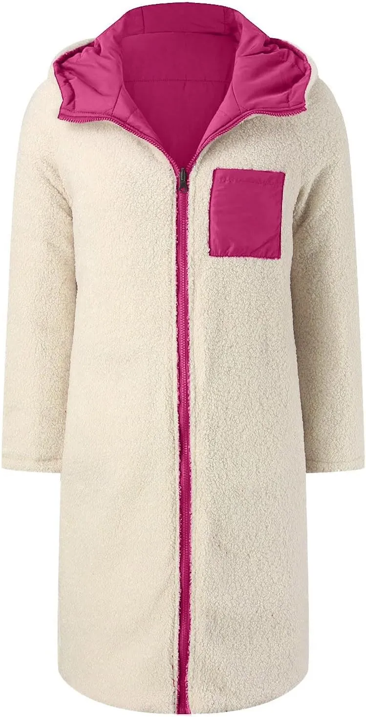 Womens Sherpa Fleece Lined Long Jackets Trendy Reversible Puffer Coat Winter Puffer Coats Hood Zip Outerwears