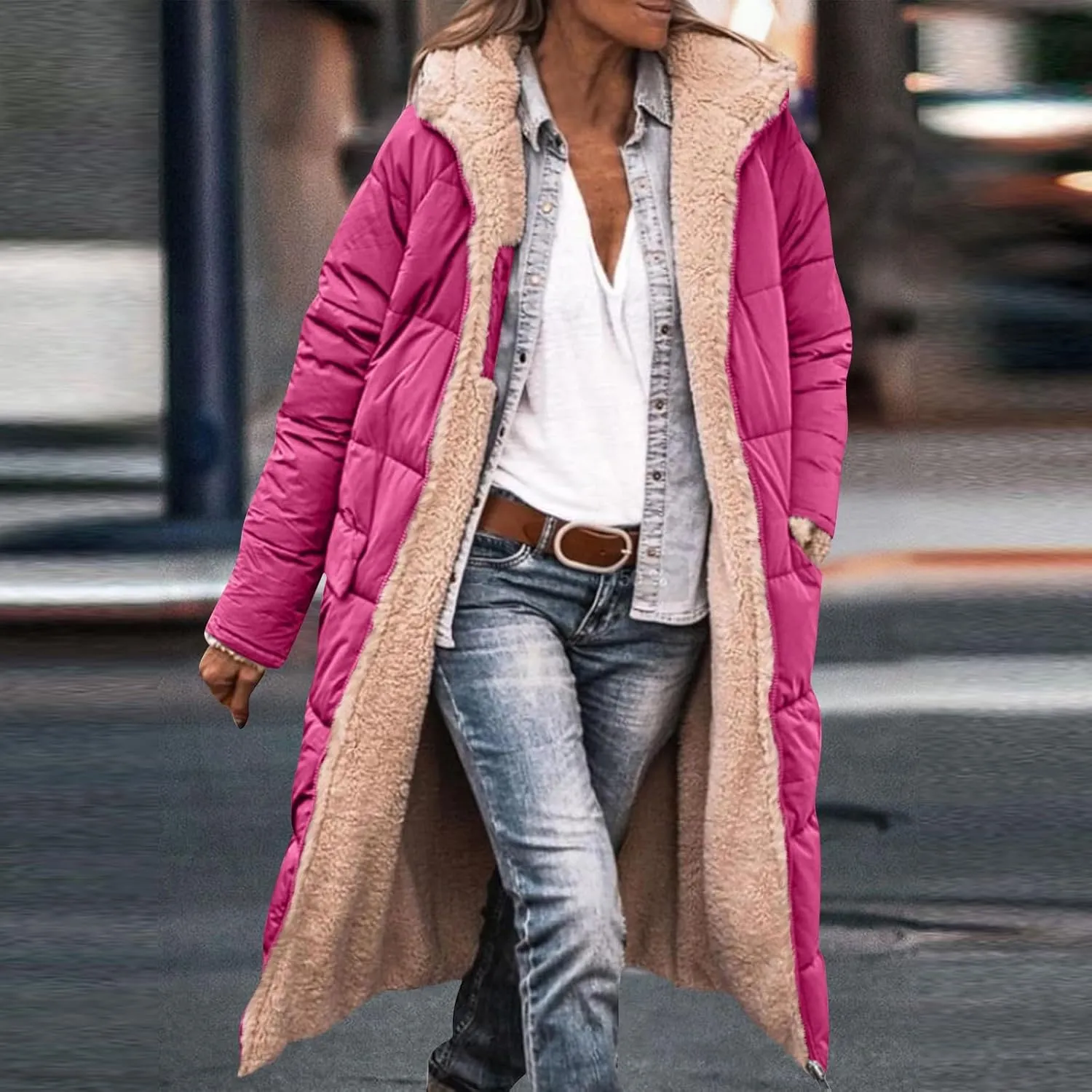 Womens Sherpa Fleece Lined Long Jackets Trendy Reversible Puffer Coat Winter Puffer Coats Hood Zip Outerwears