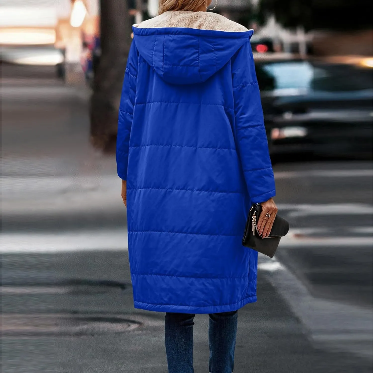 Womens Sherpa Fleece Lined Long Jackets Trendy Reversible Puffer Coat Winter Puffer Coats Hood Zip Outerwears